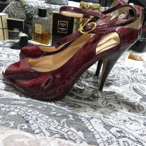 BOGO Giuseppe Zanotti Pix Burgundy Leather Peep Toe Plato Sandal Size 37 7 US - Picture 1 of 15